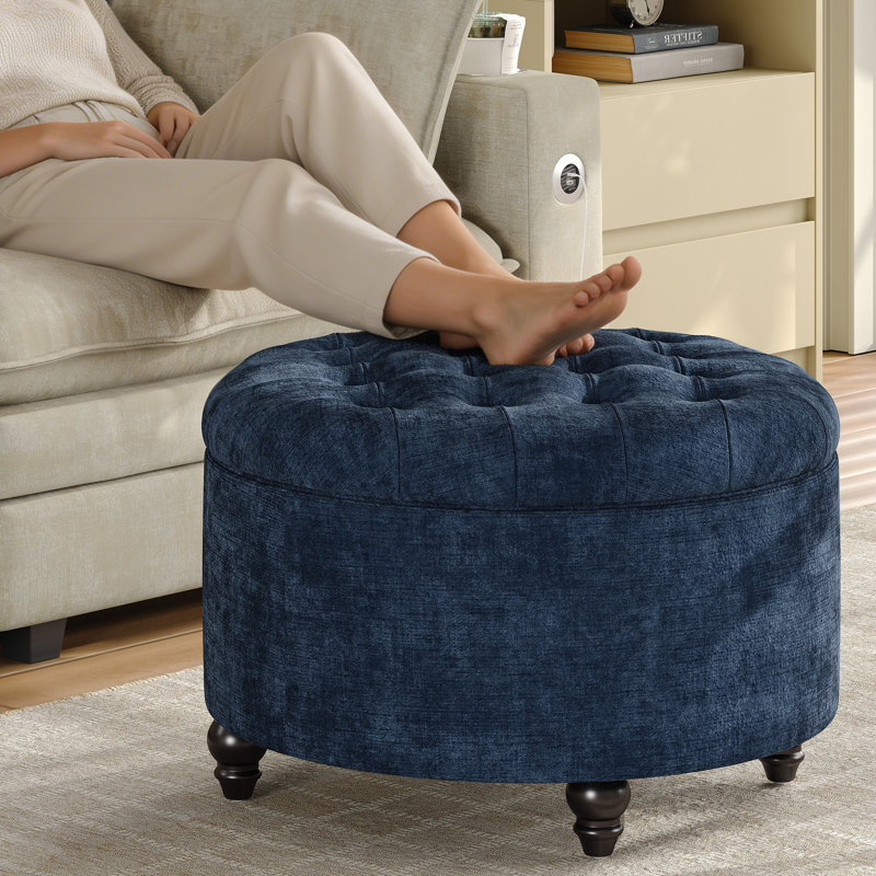 Pouf de rangement rond capitonné en chenille de 58 cm avec plateau en bois à couvercle rabattable, 24", Blue