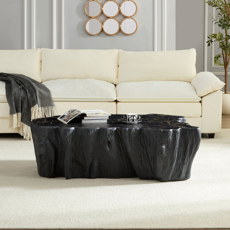 Table basse 48,62 pouces à forme unique en fibre de verre robuste pour salon sans assemblage, Black/Gold