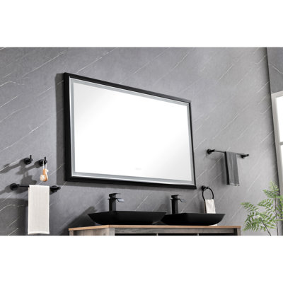 Miroir 60 po x 48 po pour salle de bain, fixation murale, brouillard, 3 couleurs, gradation continue, cadre en aluminium, miroir noir mat 60 x 48, finition aluminium