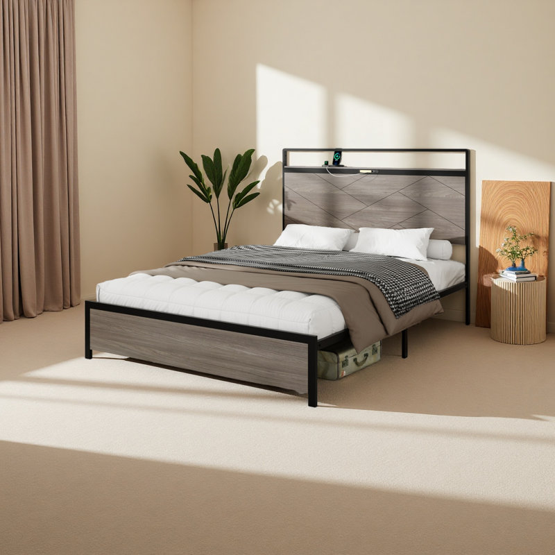 Structure de lit plateforme en bois avec tête de lit à DEL avec rangement et 2 ports USB, aucun bruit, aucun matelas à ressorts requis et outils d'assemblage simples, grand rangement sous le lit