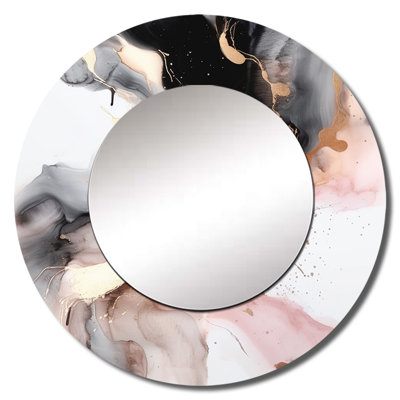 Rafhael Pink Black Textured Splash Marble I - Marble Decorative Mirror, Pink Large Round Wall Mirror, Printed Metal Art