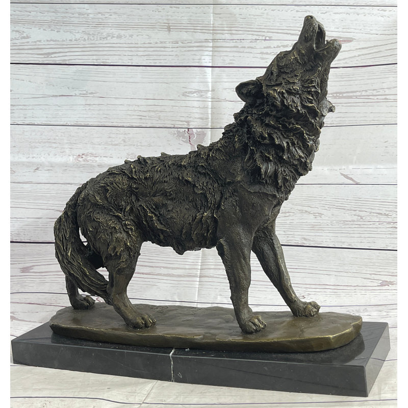 Large Bronze Howling Wolf Figurine with Marble Base