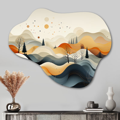 Teal Orange Line Art Landscape - Abstract Line Art Landscape Cloud Shape Irregular Metal Wall Decor