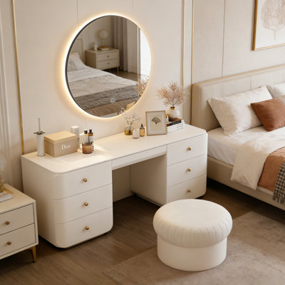 47.24" Modern Minimalist White Seven-Drawer Dressing Table Set, Including Mirror And Stool
