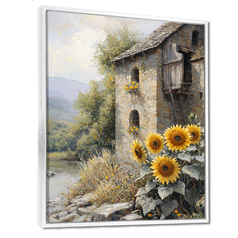 Dorathy Sunflowers At The Grain Mill II - Art mural tournesols, H 40 po x l 30 po, Reproduction avec cadre flottant, Blanc
