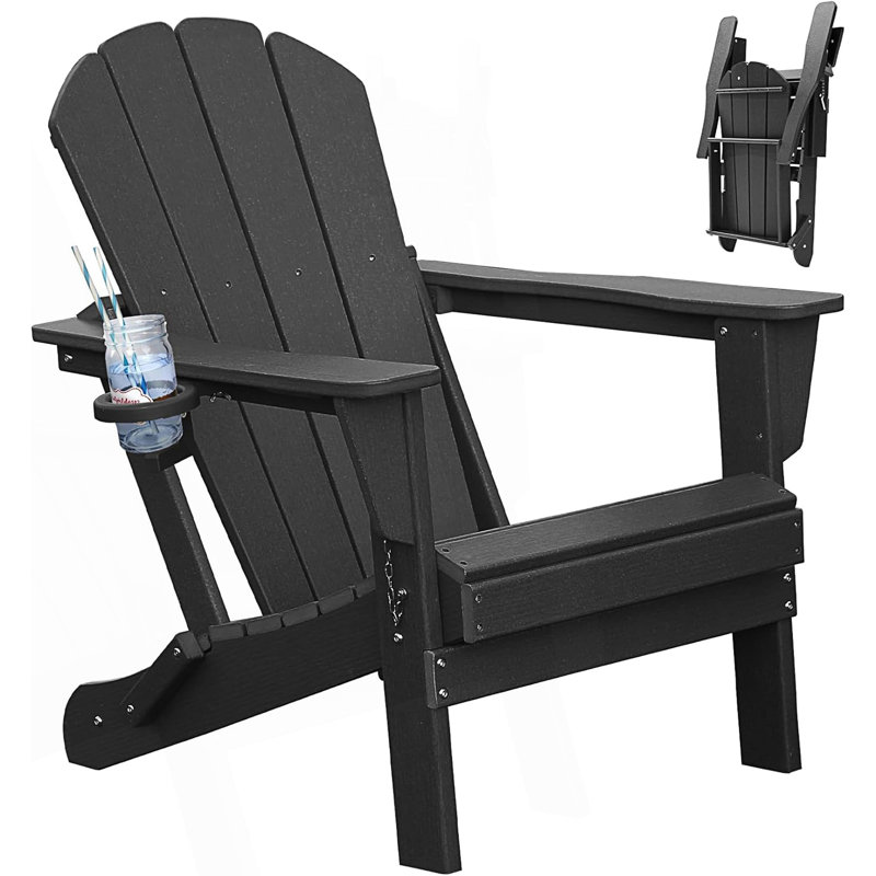 Adirondack Chair, Folding Outdoor Chairs With Cup Holder, Black