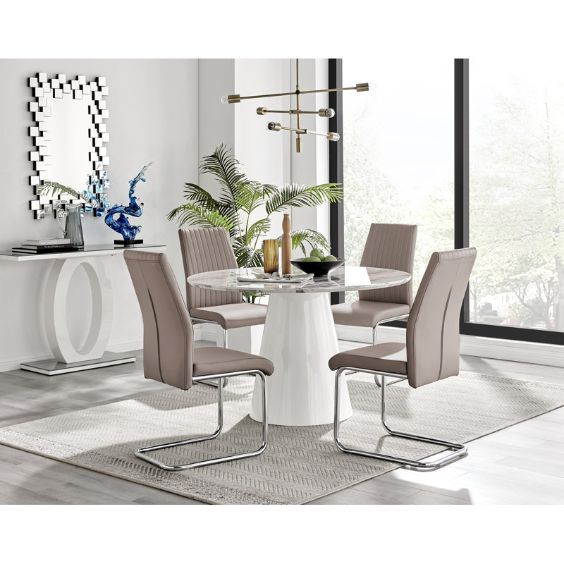 Edzard Statement Round Dining Table Set in Luxury Marble Effect & 4 Faux Leather Dining Chairs, Cappuccino