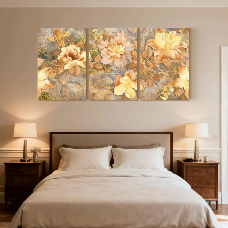 Ensemble de 3 impressions sur toile tendance à motif floral avec tons chauds et éléments rétro, H 24 po x l 48 po