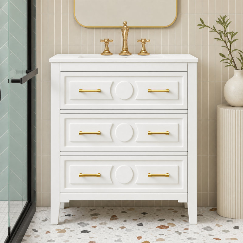 30" Bathroom Vanity With Ceramic Sink Combo, Freestanding Single Vanity With 3 Drawers, Solid Wood Frame, Modern Storage Cabinet