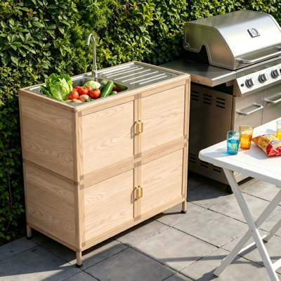 Stainless Steel Integrated Sink Cabinet, Freestanding Design, Suitable For Use In Laundry Rooms And Outdoor Patios.