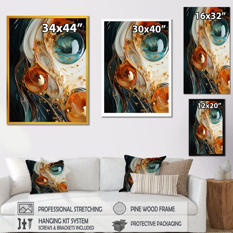 Orange encre tempête VI - art mural abstrait, Cadre simple noir, H 32 po x l 16 po x P 1 po