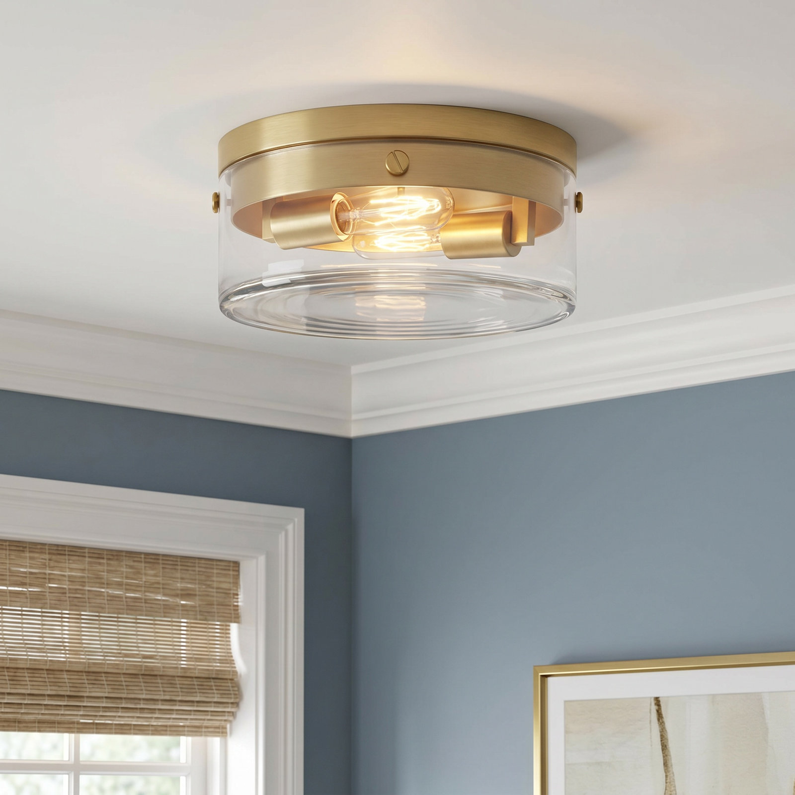 2 Light Glass Flush Mount, Burnished Brass
