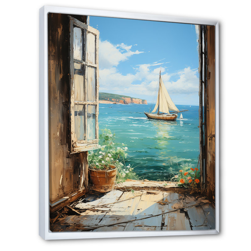 Voilier de bateau, vue sur l'océan II - fenêtres côtières, art mural, H 40 po x l 30 po x P 1,5 po, Cadre flottant blanc