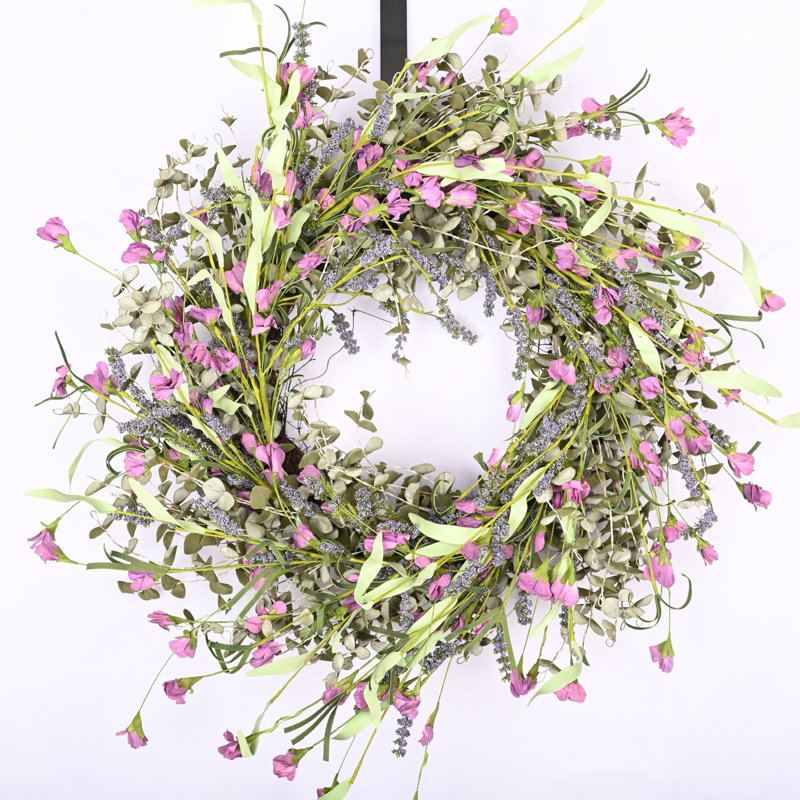 26" Spring Summer Mini Eucalyptus Front Door Wreath, Green/Purple