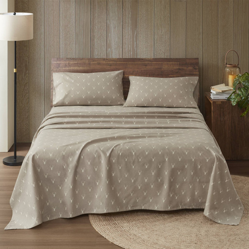 Ensemble de draps en flanelle 100% coton, Ensemble de draps pour grand lit avec 2 taies d'or, Imprimé de tête de cerf