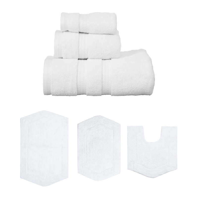 Bryd Collection 100% Soft Cotton 3 Pc Towel Set & 3 Pc Bath Rug Set, (Set of 6), White