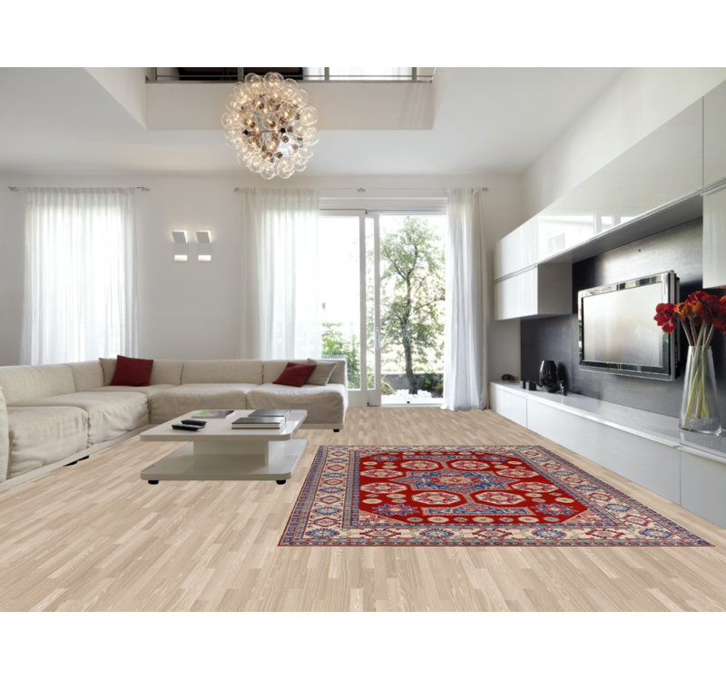 Tapis oriental rouge en laine à motif géométrique Kazak 8 x 13