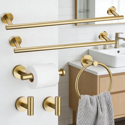 Brushed Gold Bathroom Hardware Set, 6-Piece Towel Bar And Accessory Set With Towel Holder, Toilet Paper Holder, And Robe Hooks, Durable SUS304 Stainless Steel Construction For Modern Bathrooms