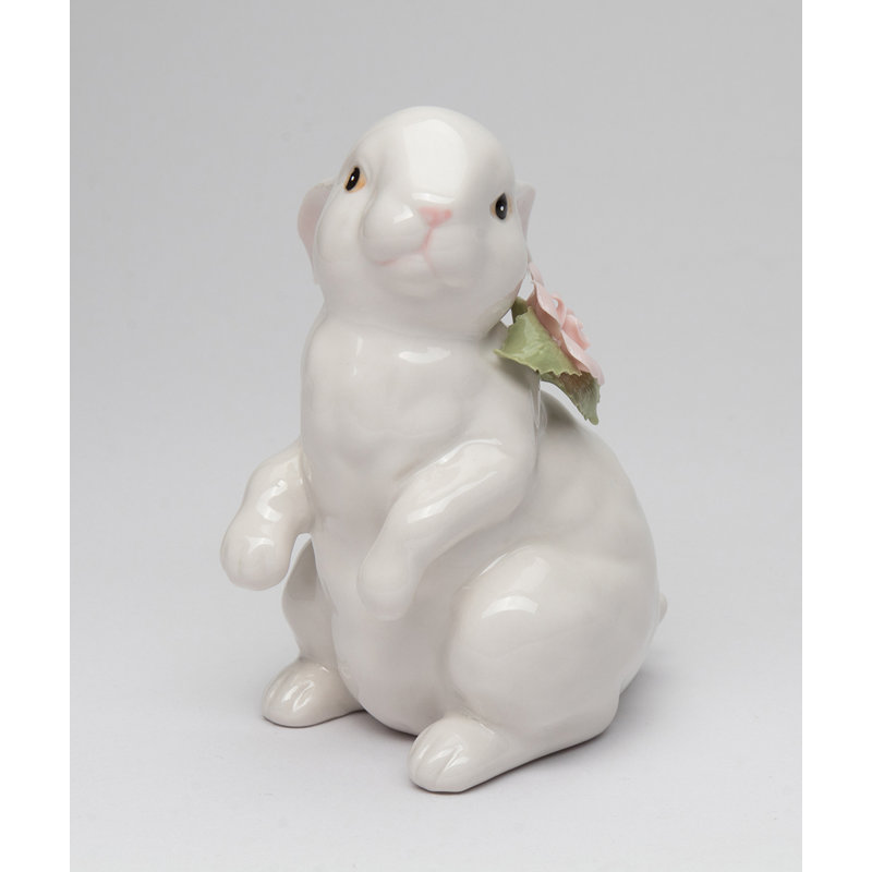 Rabbit With Pink Rose Figurine - Standing Up- 5"H