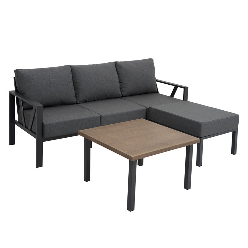 Ensemble de conversation en métal pour 3 personnes avec coussins épais et repose-pieds, Brun / Noir, Gris