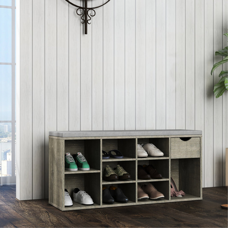 Banc à chaussures avec coussin et tiroir pour clés pour la laisse pour animaux de compagnie, 9 compartiments, bottes hautes à compartiments latéraux, panneau de particules gris, lunettes de soleil à clés multifonctionnelles 19,3 H, 10 compartiments, 11,8 W