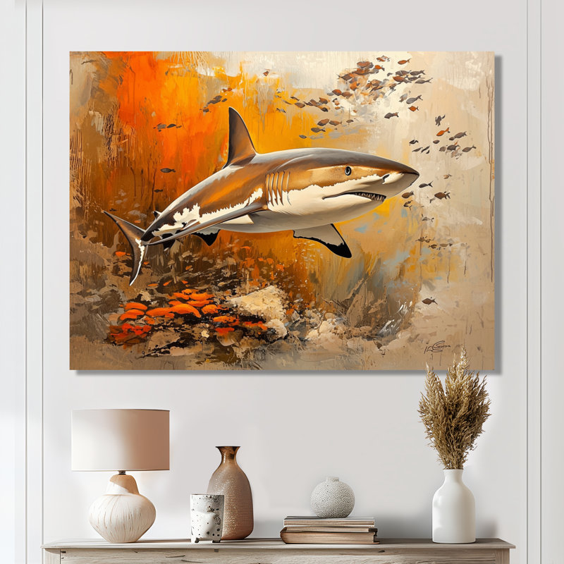 Natation beige requin résilience III - animaux, décoration murale en métal, requin, H 24 po x l 32 po