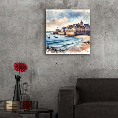 «Saint-malo, Bretagne, France, Watercolor Coastline» par Rey Klimt, art mural en verre acrylique