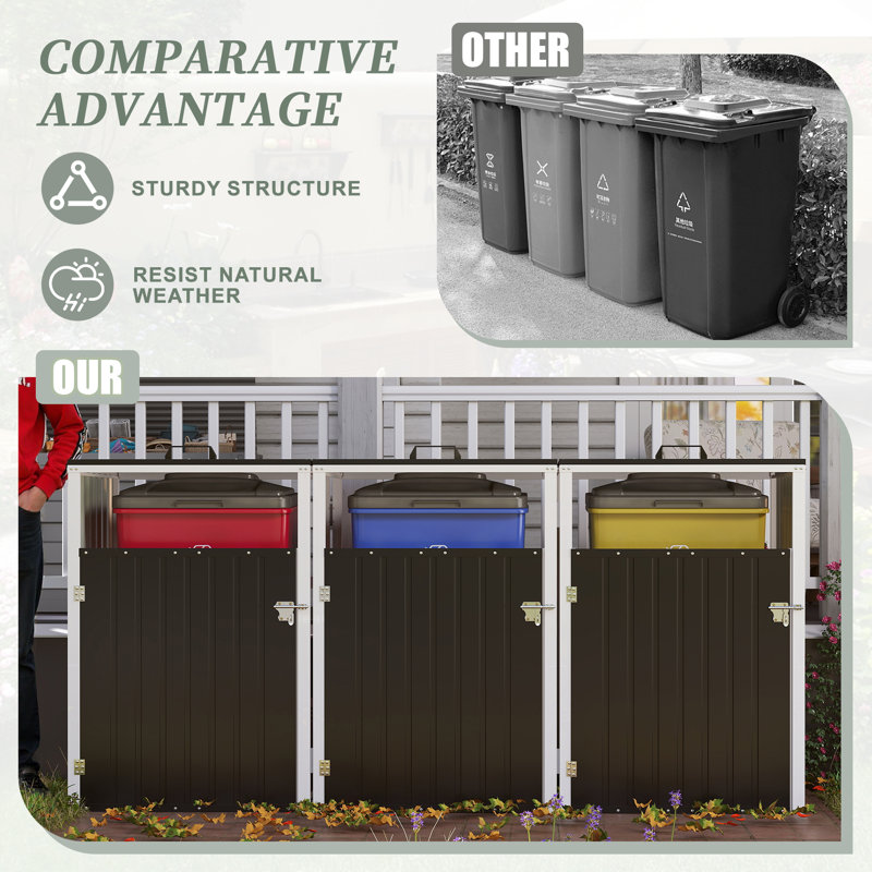 Remise pour poubelle avec tige de support pneumatique, remise de patio avec portes verrouillables et chaîne de couvercle imperméable, pour patio, jardin, cour arrière, gris