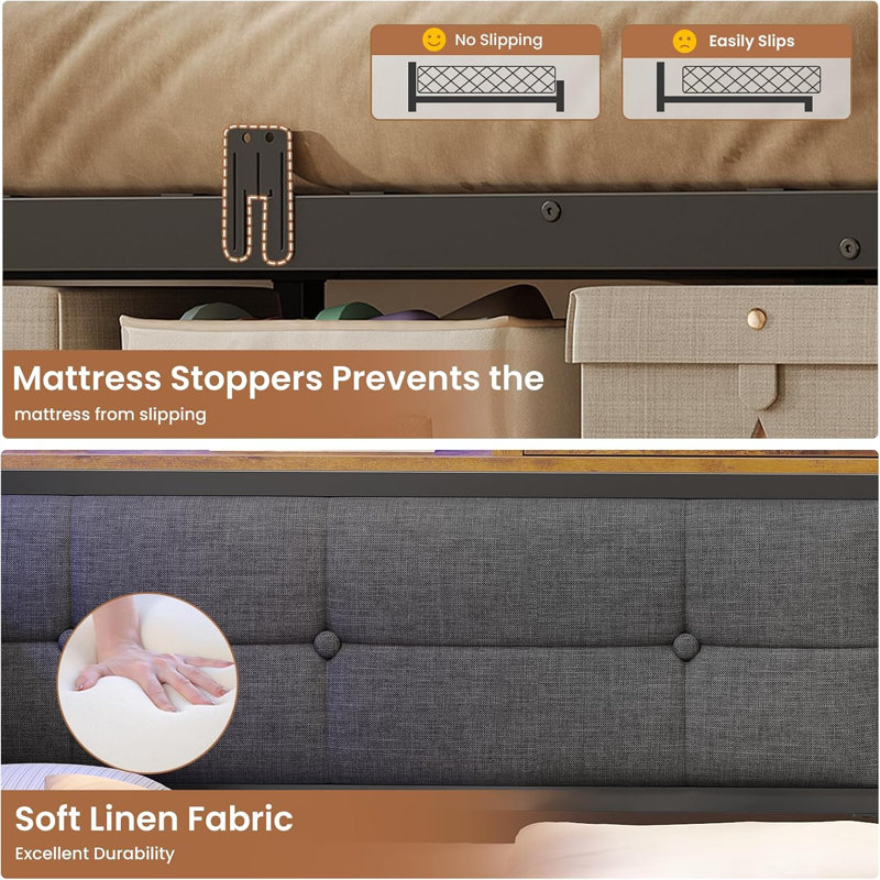 Storage Day Bed Linen Corner Bed with LED Light & Charging Station No Mattress, Single-90x190cm, Grey