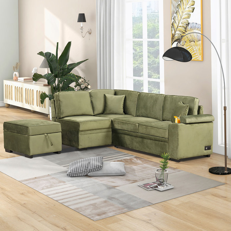 Canapé-lit modulaire en forme de L avec repose-pieds avec rangement, Velours vert