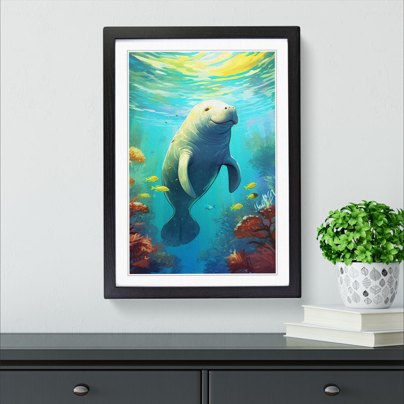 Manatee Nouveau - Single Picture Frame Print on Wood, 34cm H x 25cm W x 2cm D, Black Framed