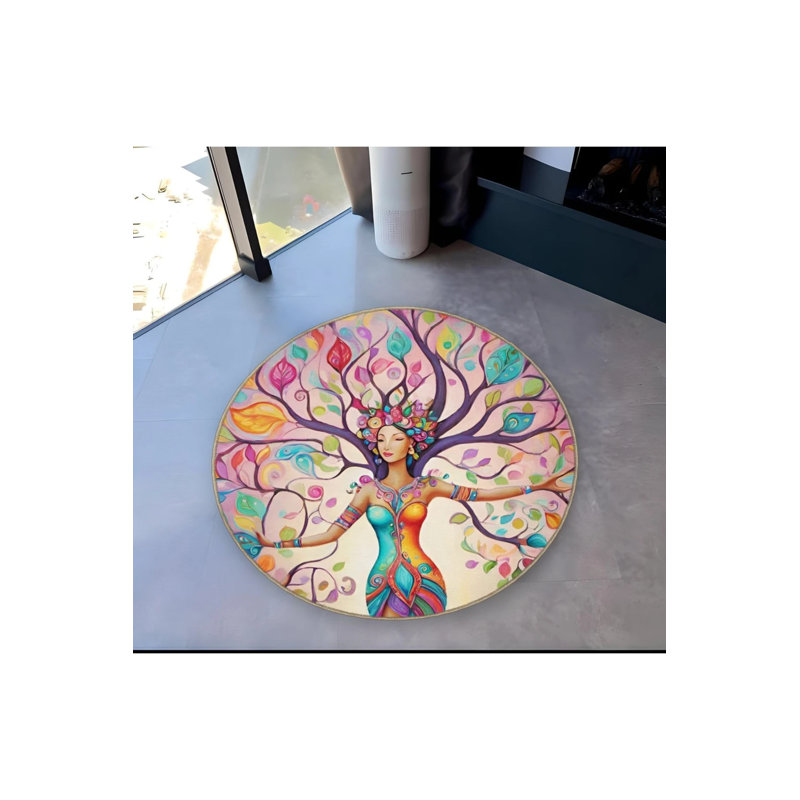Multicolored Woman And Tree Of Life Detailed Woven Base Modern Decorative Carpet, Round 3'4"