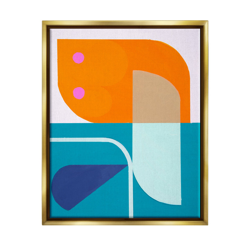 Orange et bleu contemporain, impression sur bois encadrée, Cadre flottant métallique doré, H 31 po x l 25 po x P 1,7 po