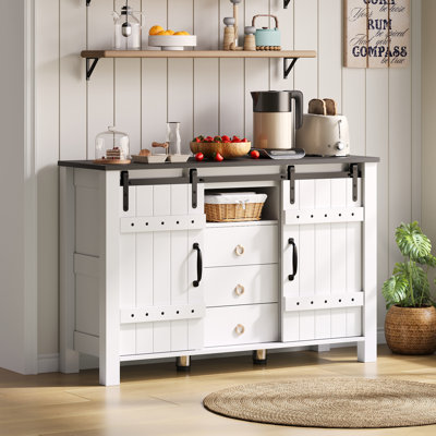 Farmhouse Sideboard With Sliding Doors & 3 Drawers - 120 Cm, Mdf, Antique Style, Anti-tip