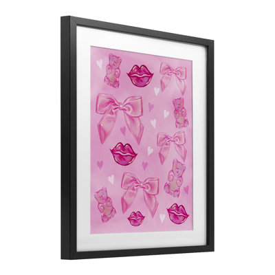 Lips Bows & Bears on Pink Framed Print Under Glass, design by Ziwei Li