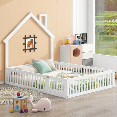 White Wood House Platform Bed With Guardrail, Full Size - Rustic Bedroom Feature Guardrail Bed, Enhances Look