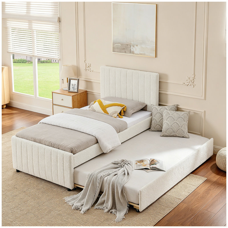 Lit simple tapissier à rayures verticales avec dossier haut rembourré, lit gigogne caché simple ou double pour chambre à coucher et chambre d'amis, chenille
