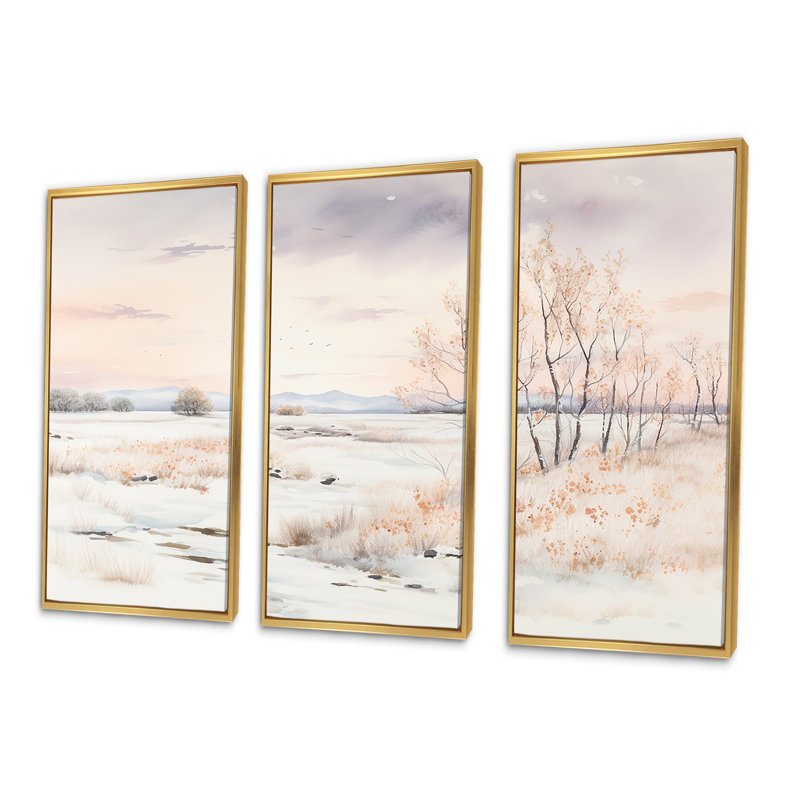 Minimalisme paysage d'hiver au bord du lac - ensemble de décoration murale neige, Cadre flottant doré