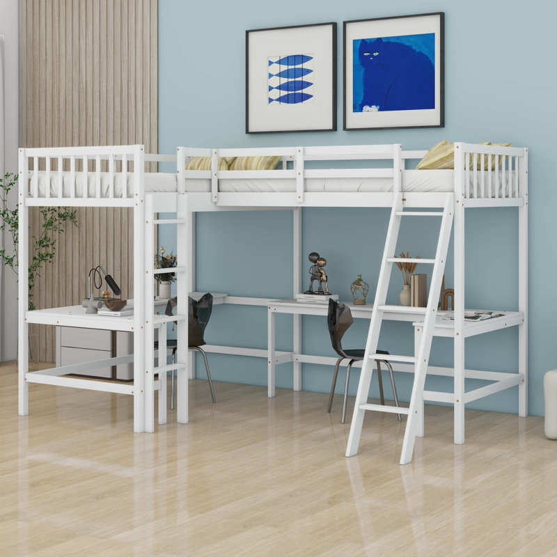 Lit mezzanine simple en bois en forme de L avec échelle et 2 bureaux intégrés en forme de L, Blanc