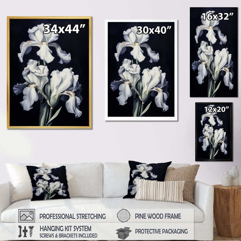Pétale d'iris gris et blanc, Cadre flottant blanc, H 40 po x l 30 po x P 1,5 po