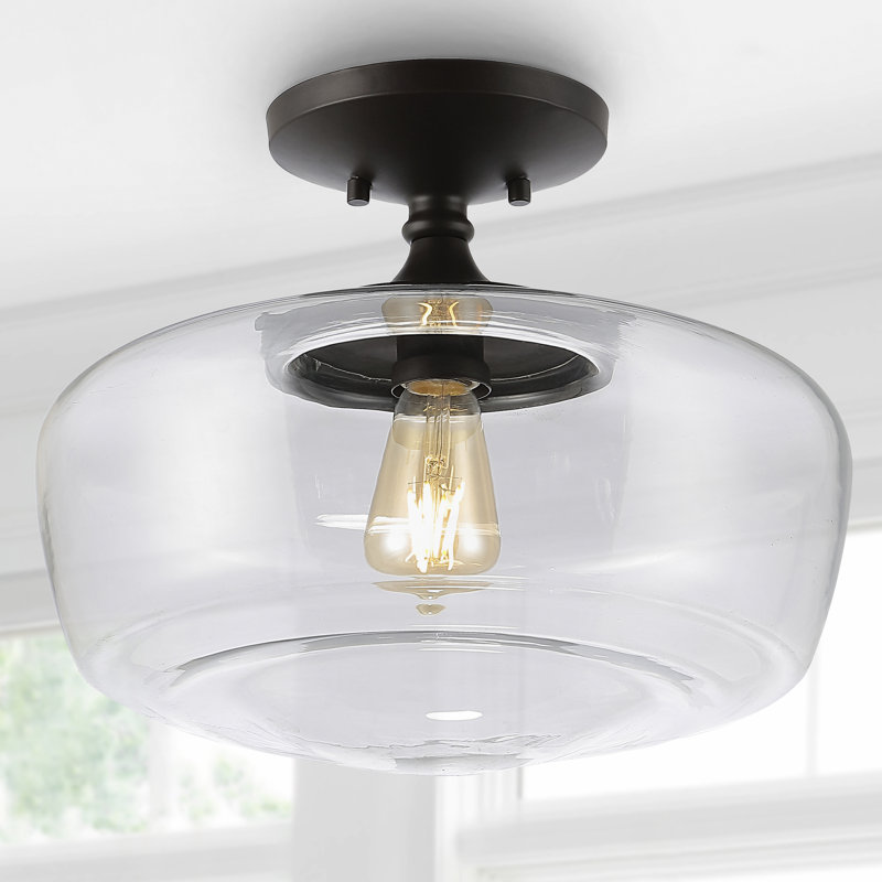Tatem 14" 1-Light Modern Farmhouse Schoolhouse Glass/Metal LED Semi Flush Mount, Oil Rubbed Bronze, Clear