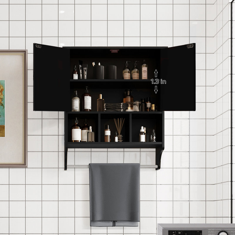 Armoire de rangement spacieuse en noir avec barre à serviettes et aspect noir élégant - facile à assembler, profondeur de 27,65 po, largeur de 24,03 po, hauteur de 8,02 po
