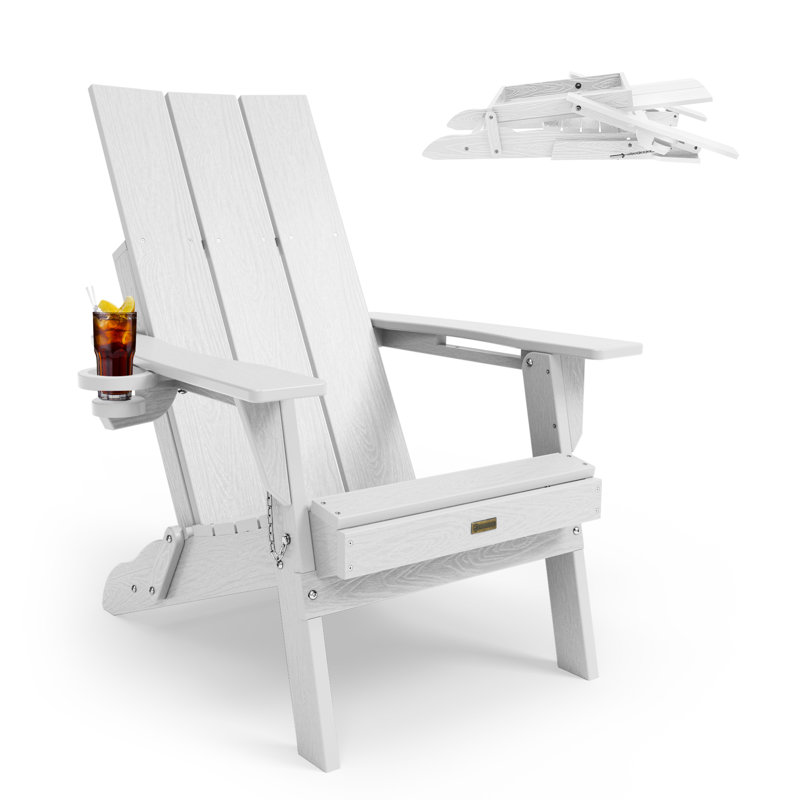 All Weather HDPE Folding Outdoor Adirondack Chair with Cup Holders Durable Oversized Fire Pit Chair Easy Assembly Easy Maintenance Patio Lawn Chair with 380Lbs Load Bearing for Porch, Garden, Backyard, Patio, Deck, Fire pit, White