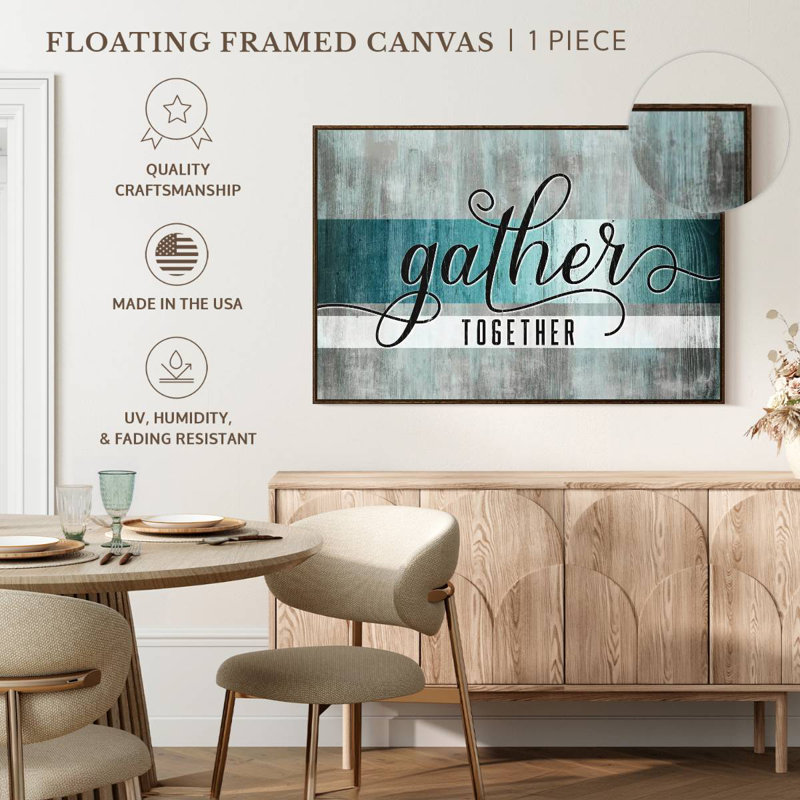 «Gather Together», typographie grunge, 46 po x 31 po, Cadre flottant noyer
