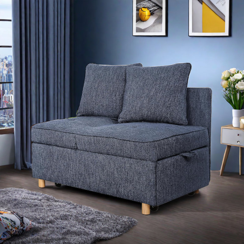 Acklen 70.8" Linen Armless Sofa Bed, Dark Blue
