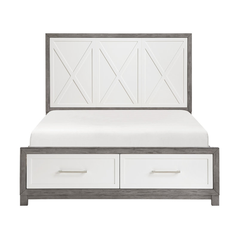 Grand lit Owan, rangement de pied de lit à 2 tiroirs, panneau moderne gris et ivoire, Grand lit