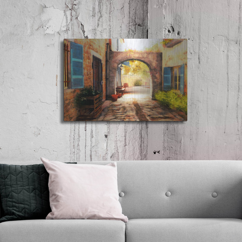  «The Village Archway» par Alonzo Saunders, art mural en métal, 36 po x 24 po, H 24 po x l 36 po