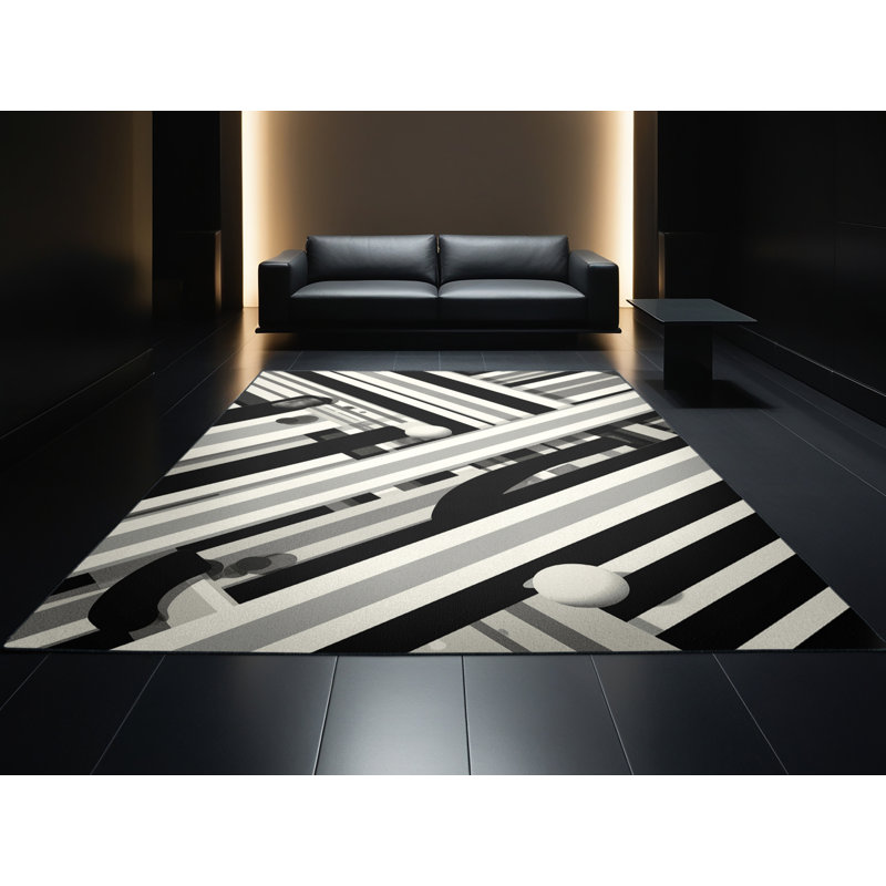 Machine Washable Hambrook Field Hockey Stick Ball Modern & Contemporary Striped Rug in Beige – Black Binding, 5x8