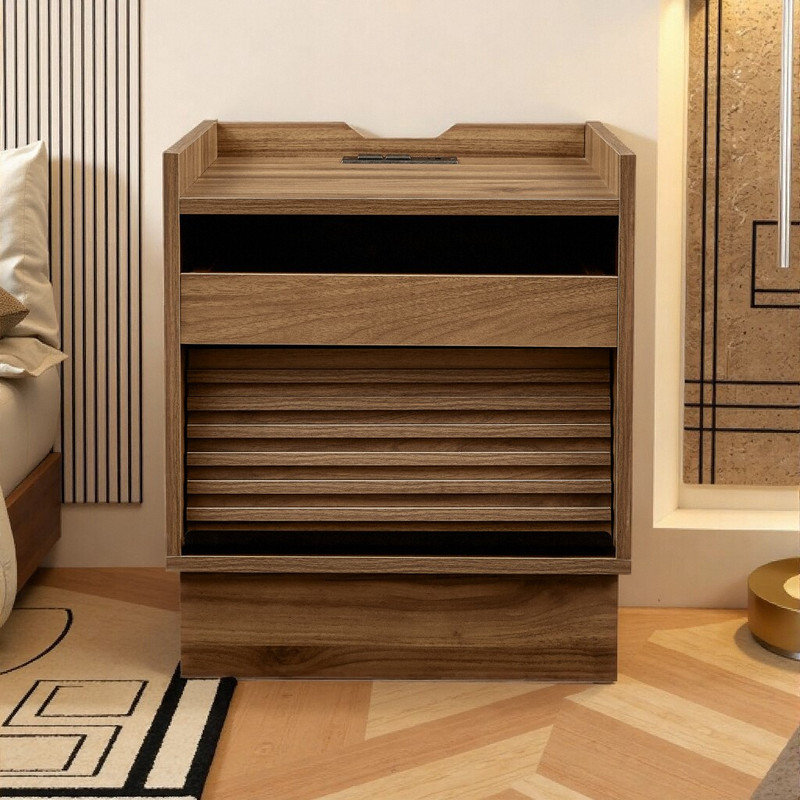 Table de chevet moderne 17 pouces avec station de charge, table de chevet 2 tiroirs à DEL pour chambre à coucher, Brun