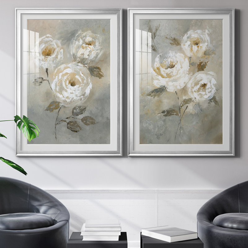 «Soft and Bold I», ensemble de 2 reproductions d'art, Blanc, H 26,5 po x l 73 po x P 1,5 po, Papier avec cadre argenté
